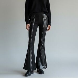ROMWE Black Studded Faux Leather Woman's Small Flare Leg Pants‎